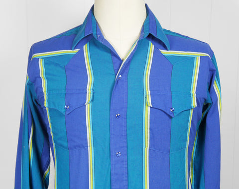 Blue & Bright Green Striped Western Pearl Snap Shirt - Size L