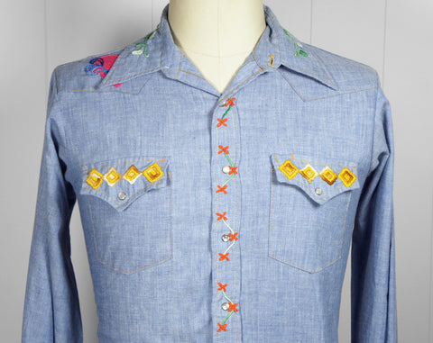 Chambray Western Pearl Snap Shirt w/ Embroidery - Size L