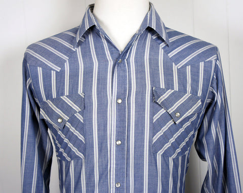 Denim Blue Striped Western Pearl Snap Shirt - Size L